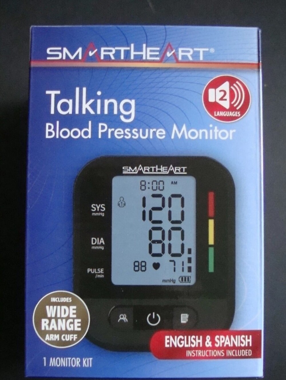 Smart Heart Talking Blood Pressure Monitor Wide Arm Cuff English And Spanish